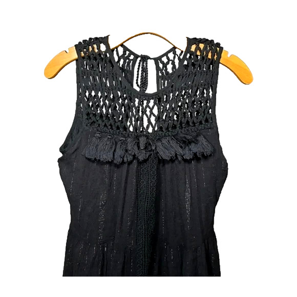 Anthropologie Maeve Abilene Dress Black Gold Shimmer Tassel Crochet Midi ALine S - Picture 8 of 9